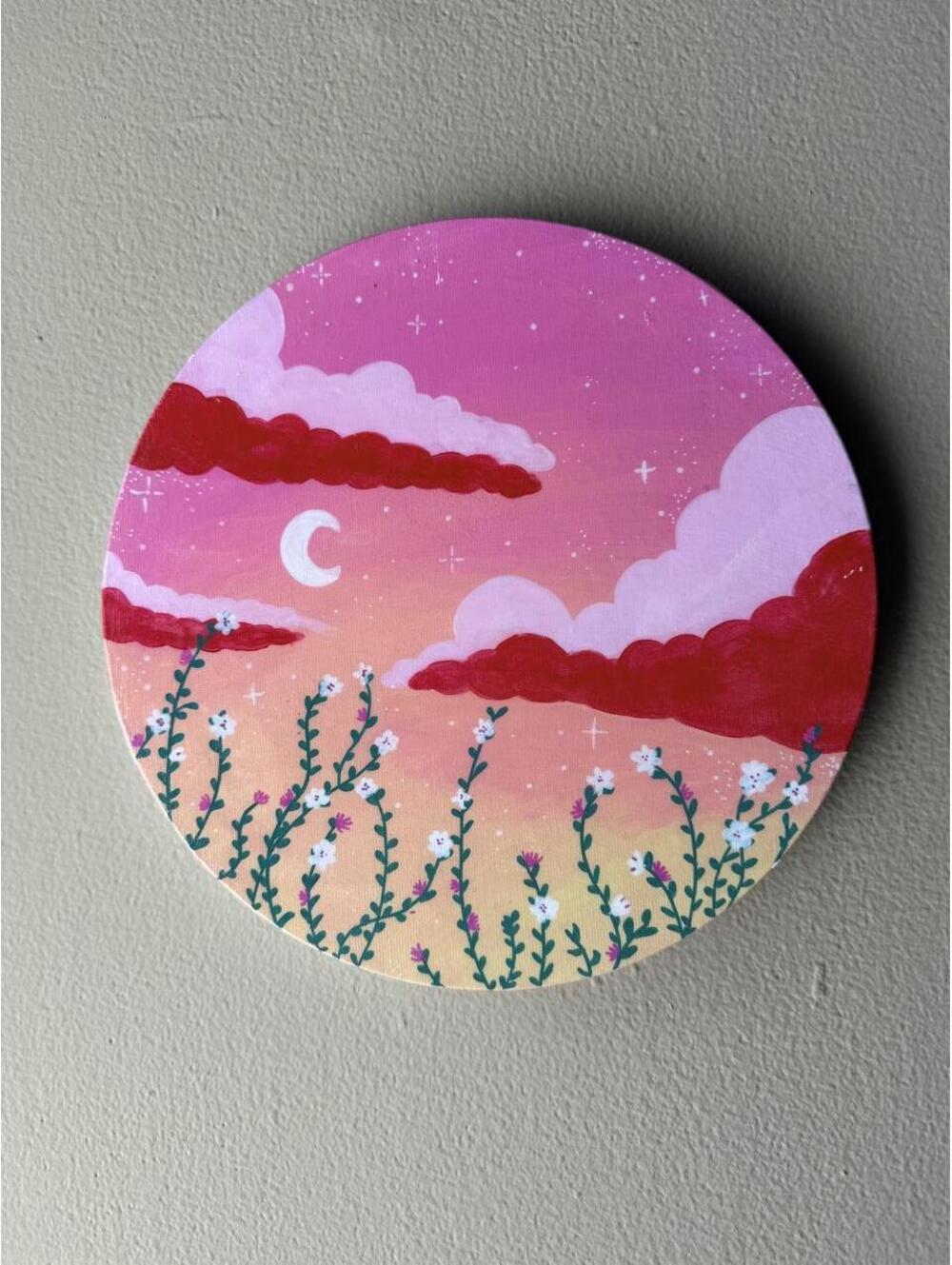Original Hand-Painted Pink Celestial Floral Canvas 🌙🌸